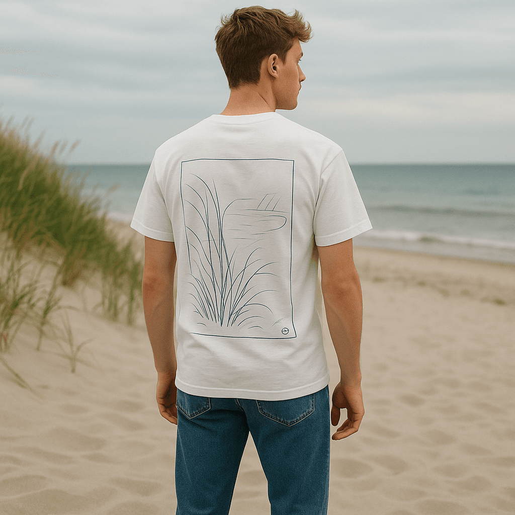 Bild på en modell med t-shirt från Silent Shore.